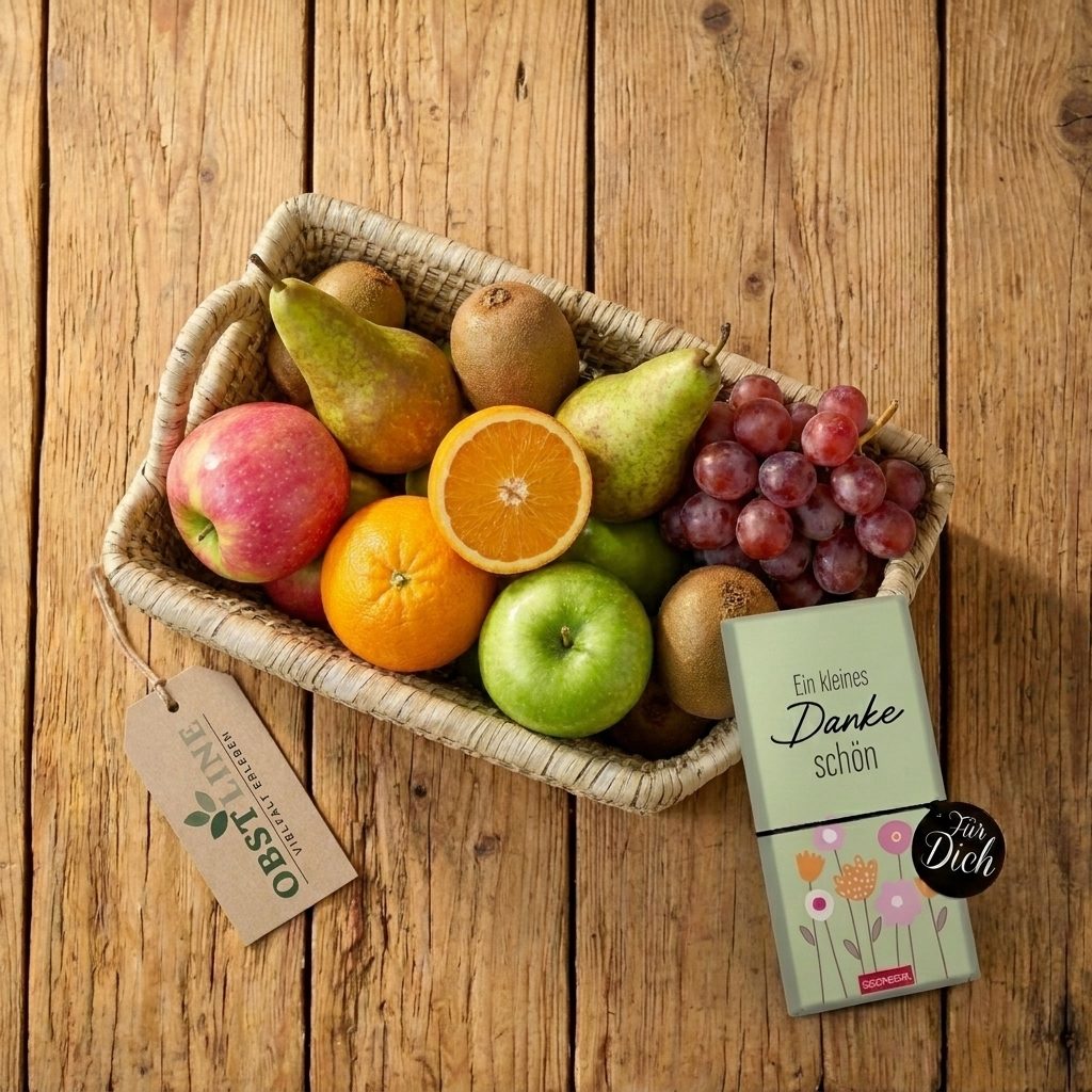 Obstkorb Kleines Dankeschön Draufsicht auf Trauben und Kiwi