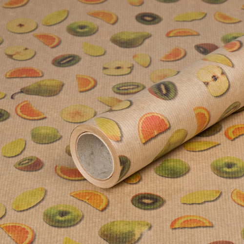 Wie verpacken ihren Obst-Geschenkkorb in Geschenkpapier mit Fruechten
