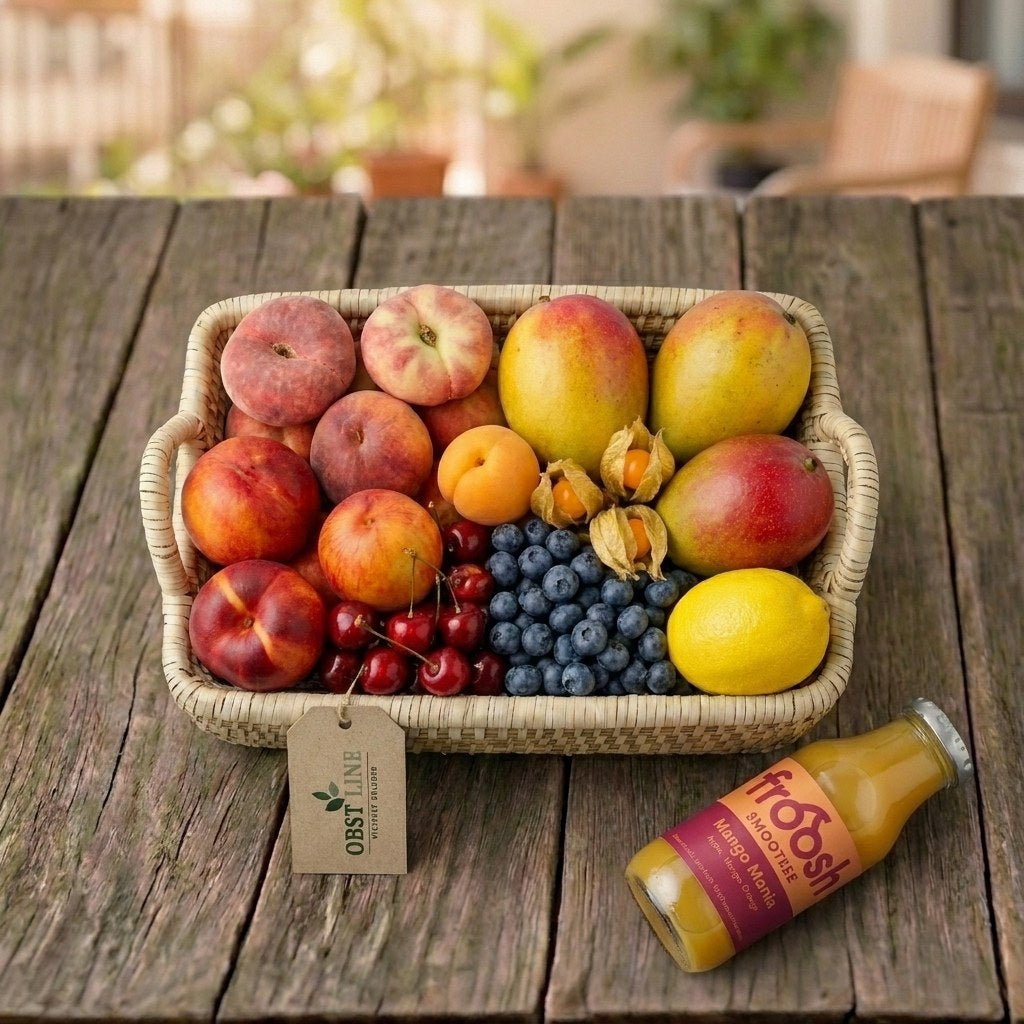 Obstkorb Sommerfreude Draufsicht auf Pfirsiche und Mango
