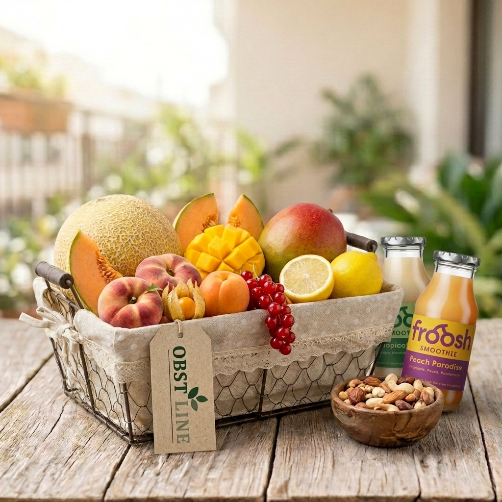 Obstkorb Sommerzauber Detailansicht Smoothies und Nussmischung