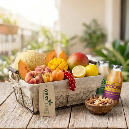 Obstkorb Sommerzauber Detailansicht Smoothies und Nussmischung