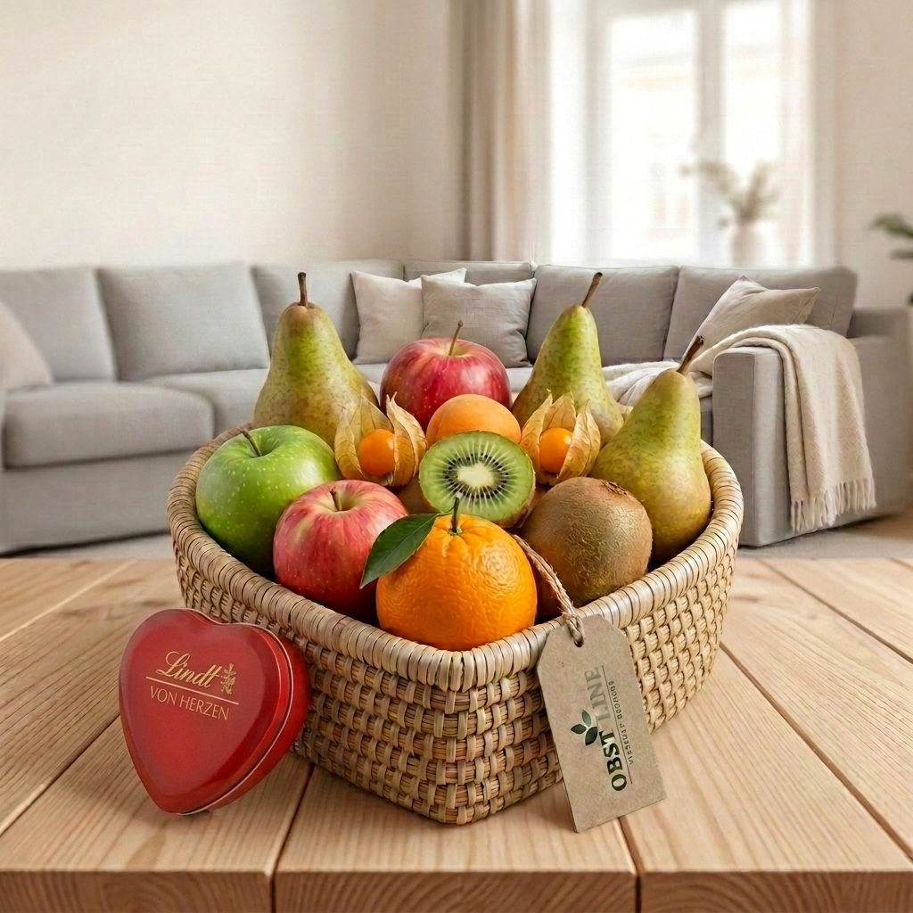 Obstkorb Herzensgruß herzförmige Schale Gesamtansicht