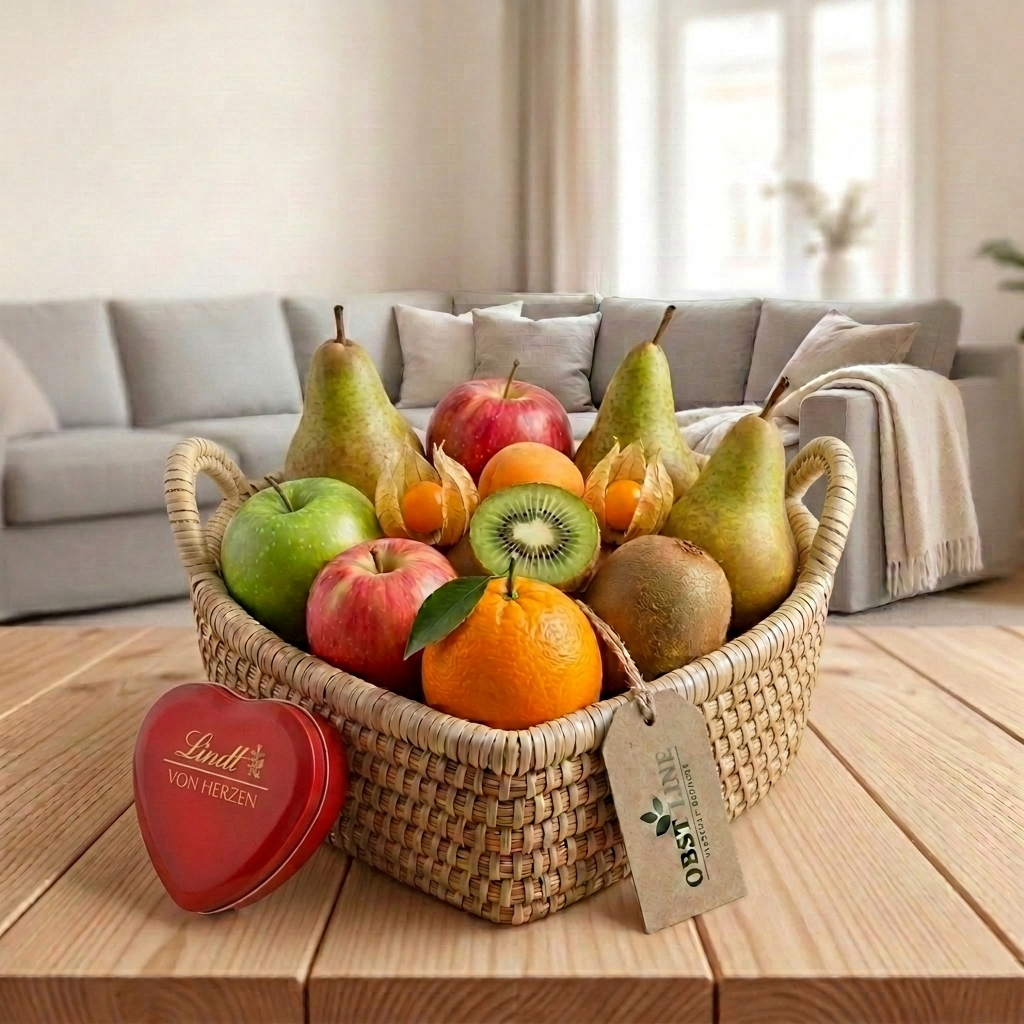 Obstkorb Herzensgruß Draufsicht auf Früchte